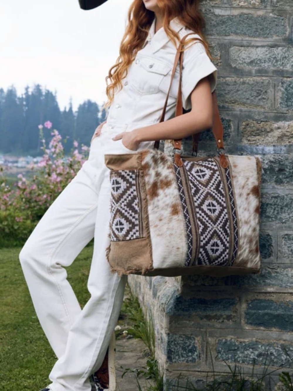 Myra Elisa Boho Cowhide & Woven Tote Bag in Brown Mix, new